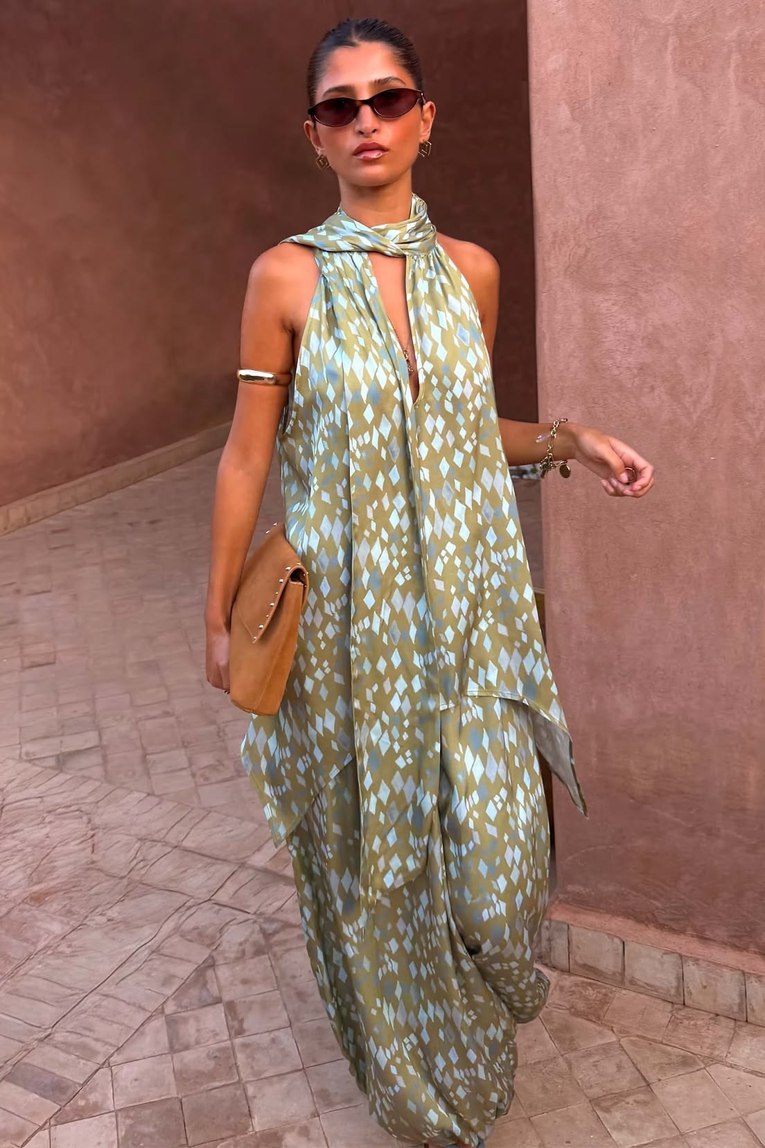 Green Diamond Print Halter Top