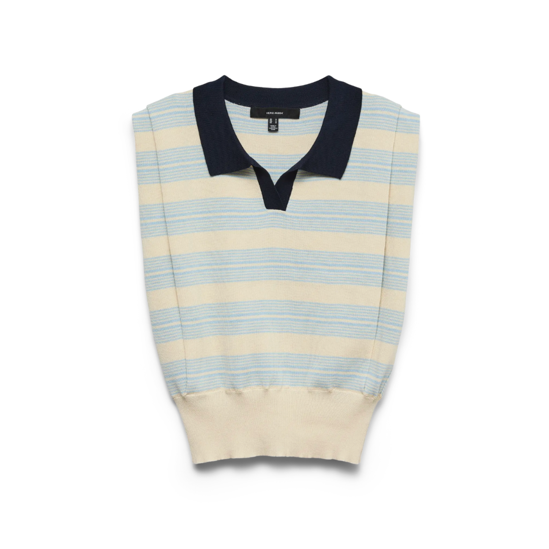 Morgan Sleeveless Polo - Cream & light blue