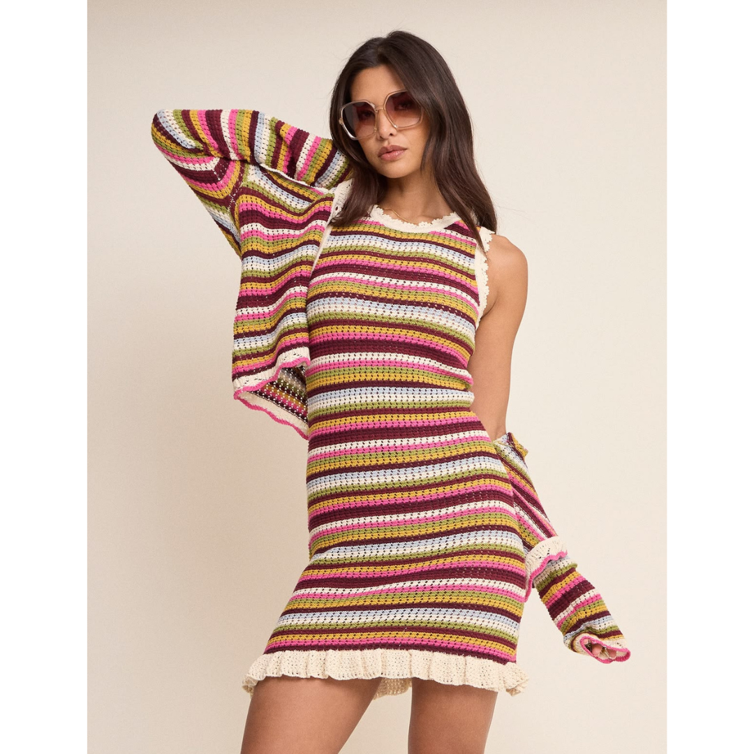 Multi-Coloured Striped Crochet Mini Dress