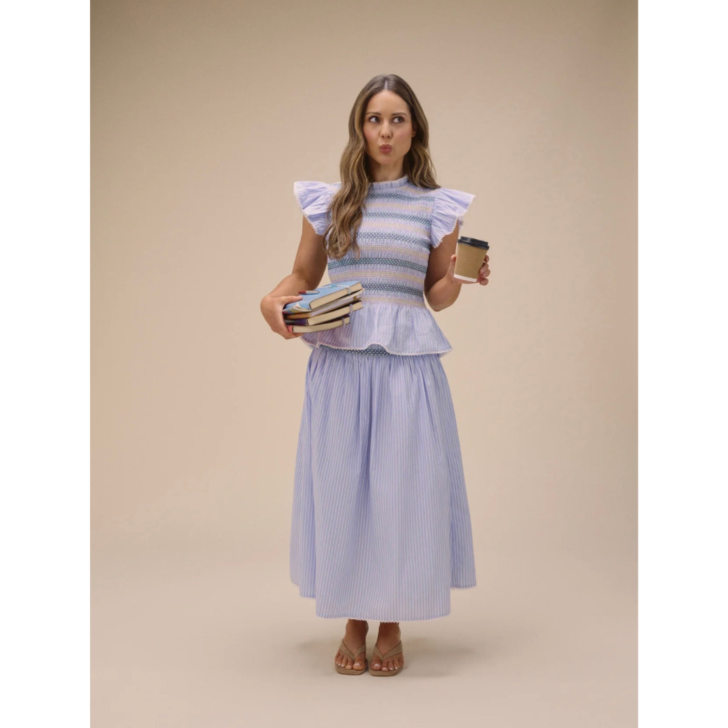Blue Striped Shirred Top