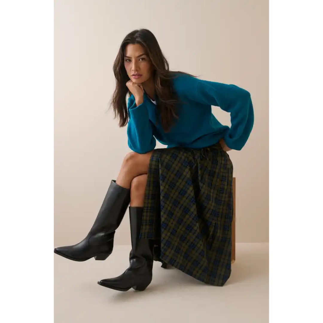 Blue and Green Tartan Pleated Midi Skirt