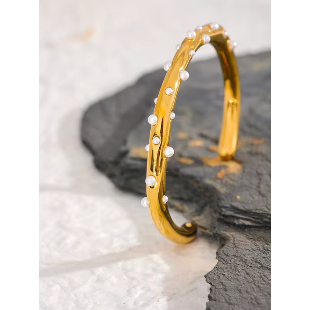 Gold Pearl-Studded Open Cuff Bangle