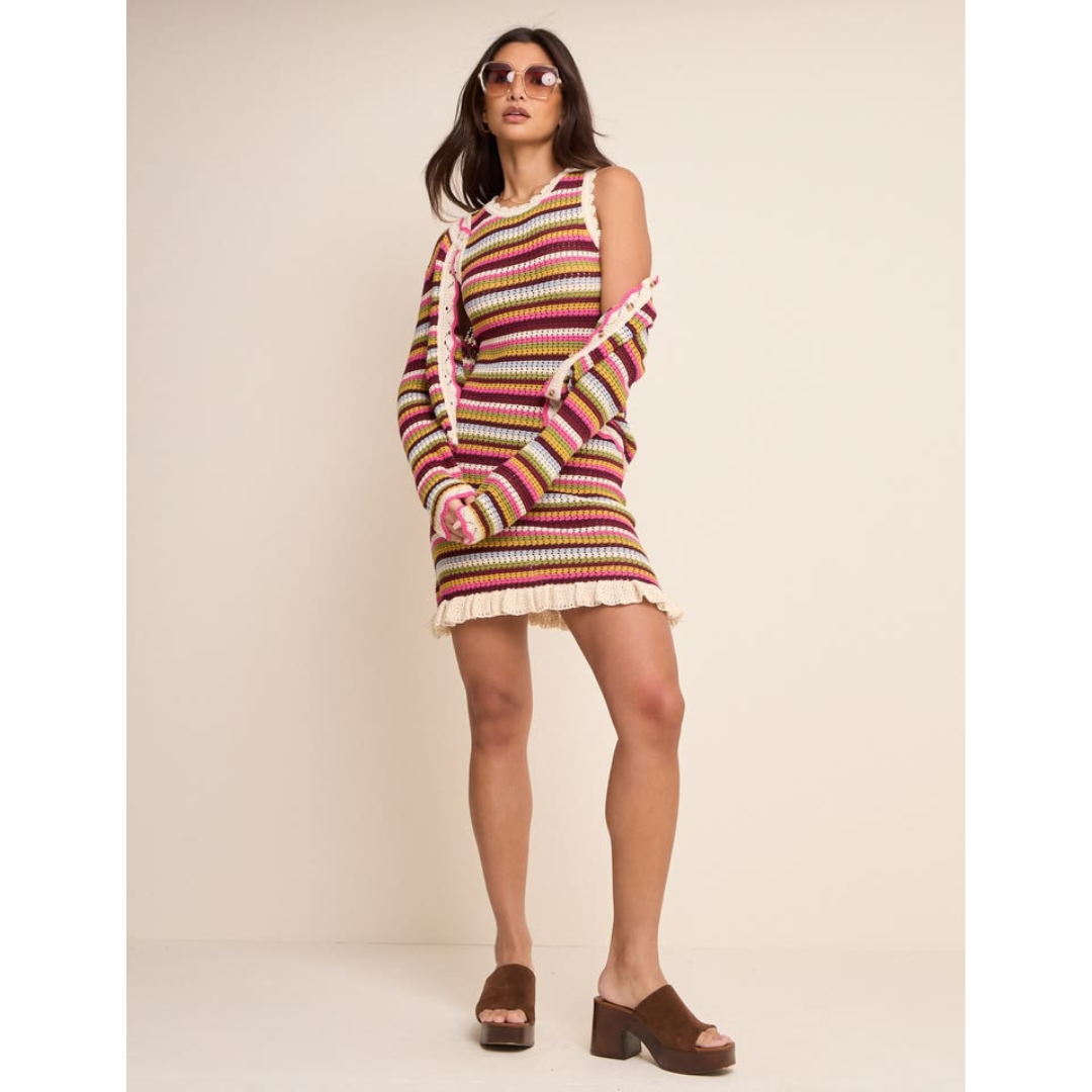 Multi-Coloured Striped Scallop Crochet Cardigan