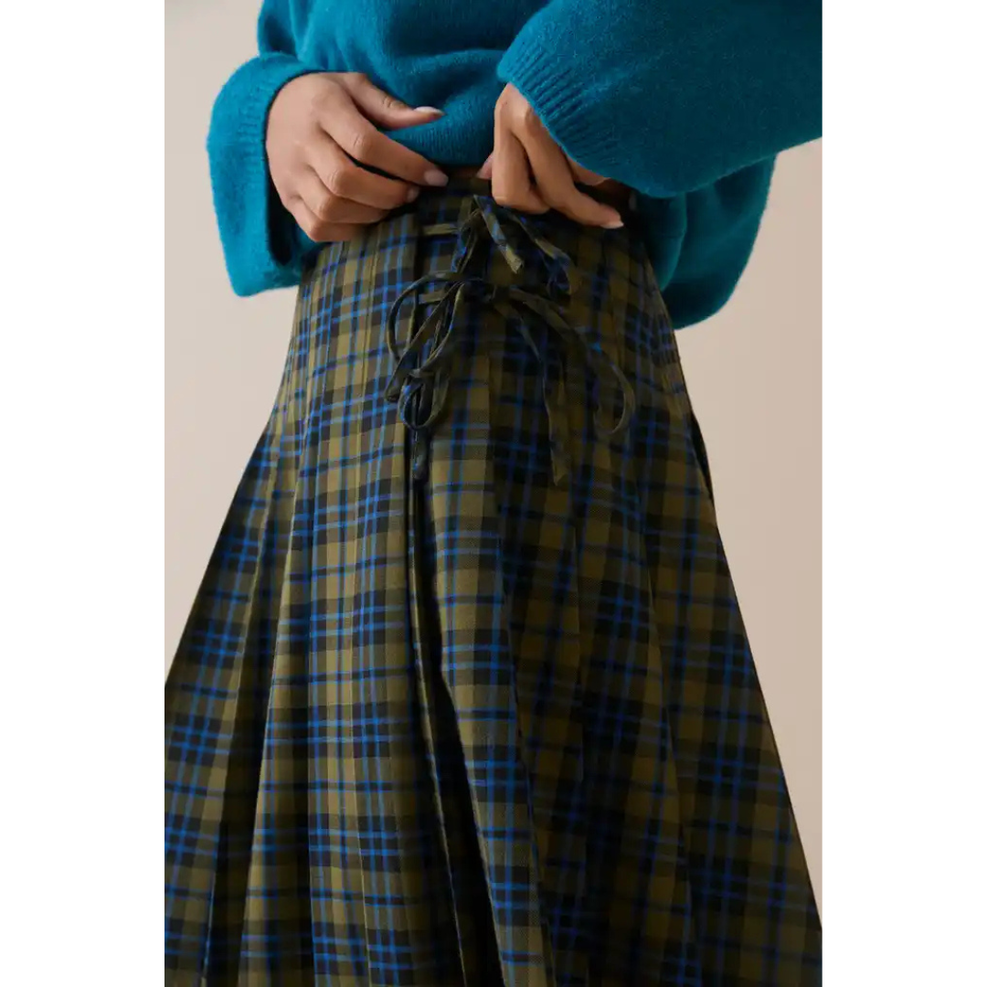 Blue and Green Tartan Pleated Midi Skirt