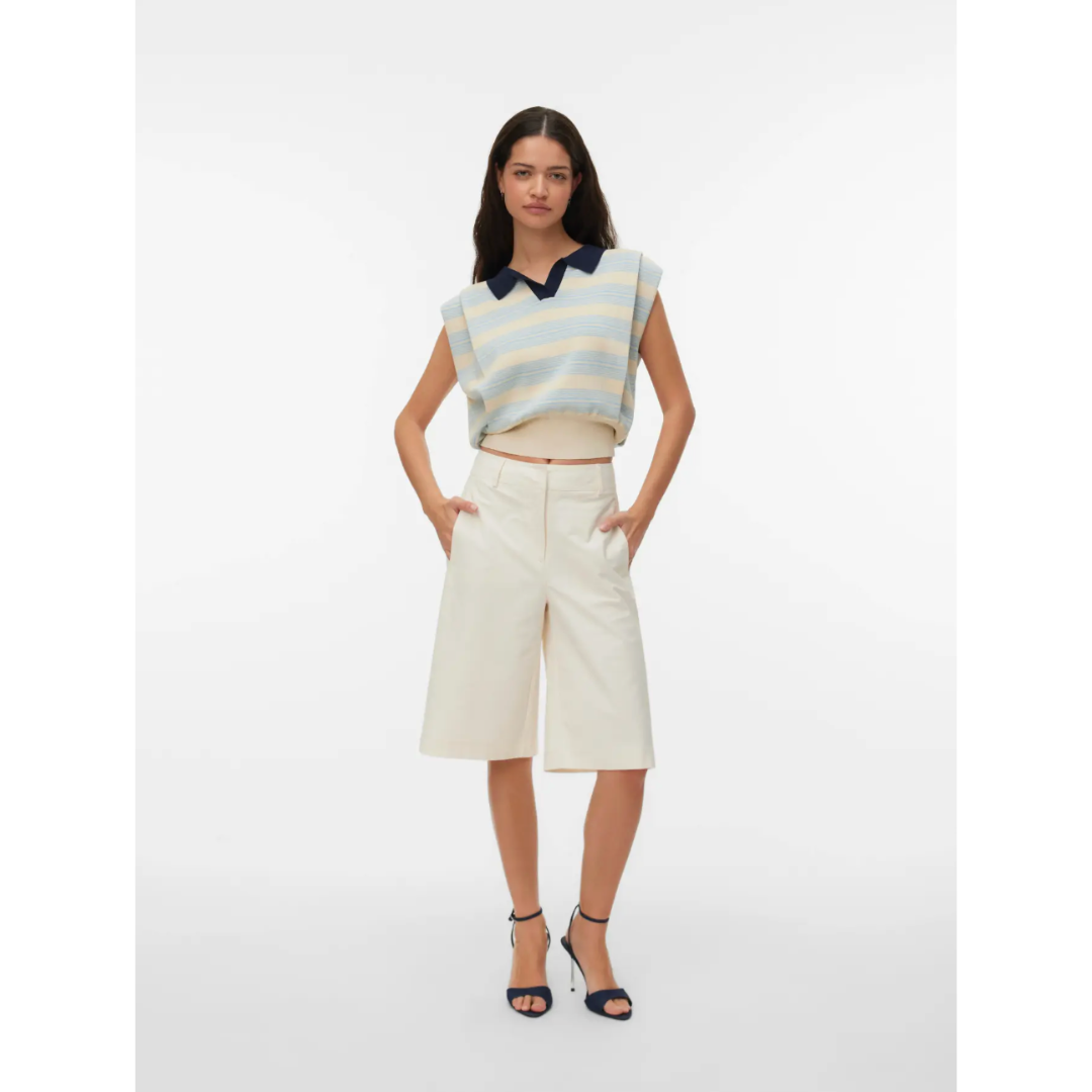 Morgan Sleeveless Polo - Cream & light blue