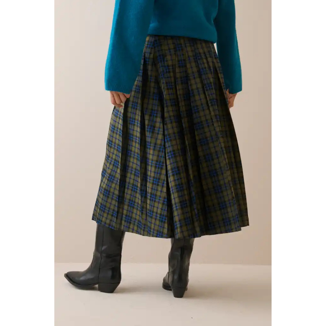 Blue and Green Tartan Pleated Midi Skirt