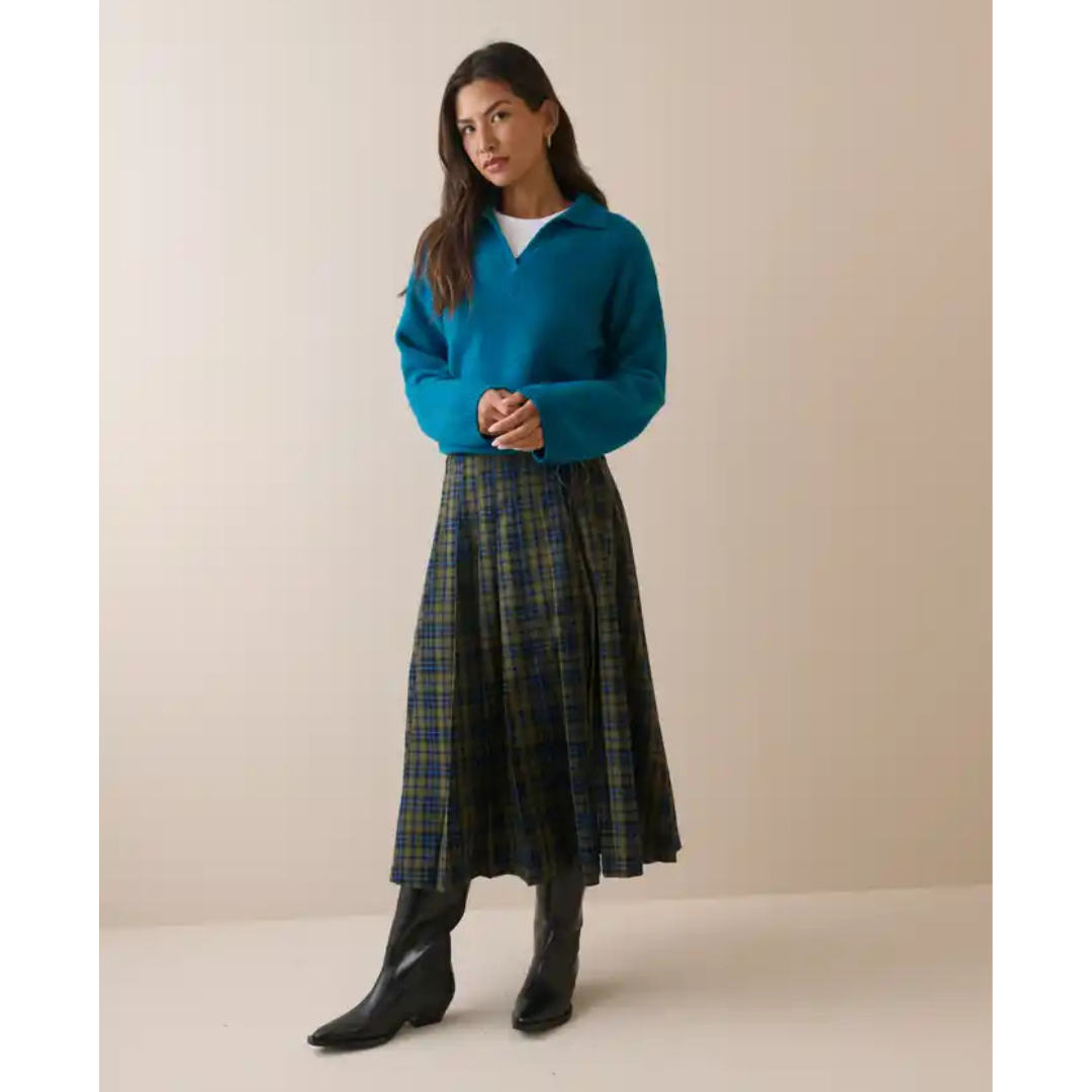 Blue and Green Tartan Pleated Midi Skirt