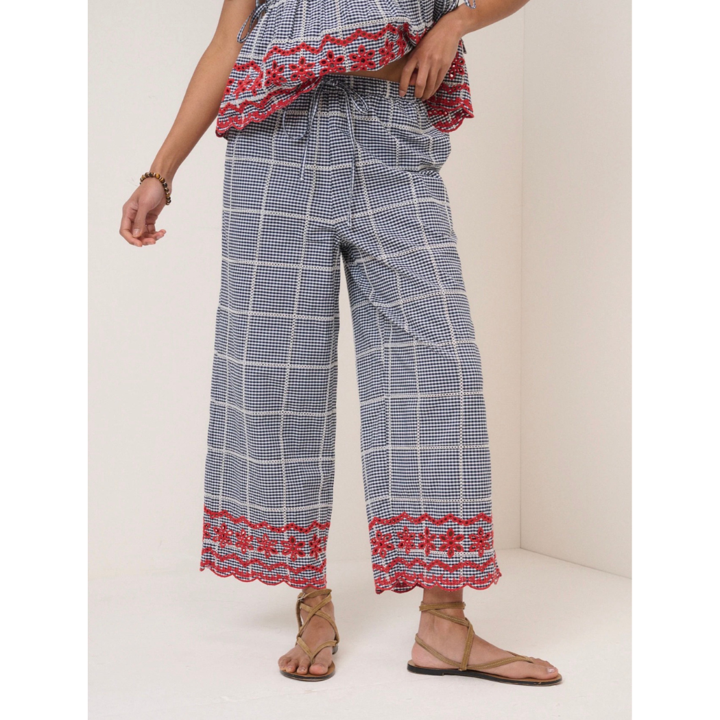 Black Gingham Embroidered Cropped Trousers