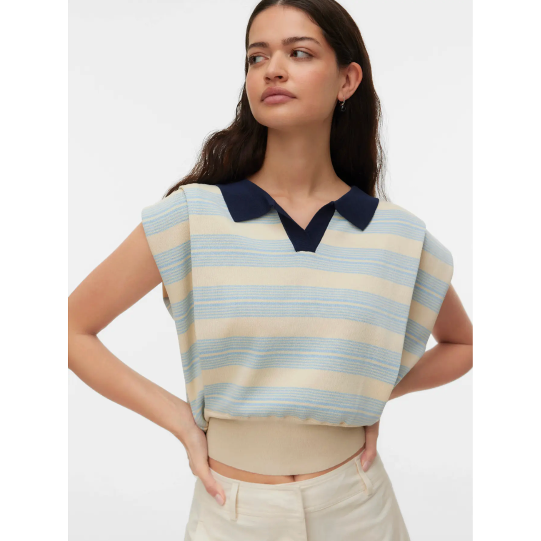 Morgan Sleeveless Polo - Cream & light blue