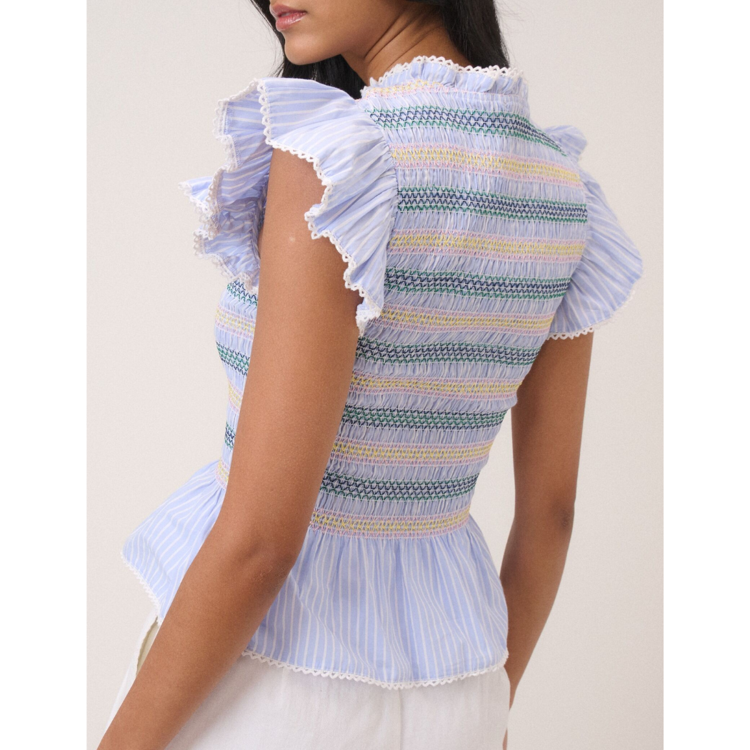 Blue Striped Shirred Top