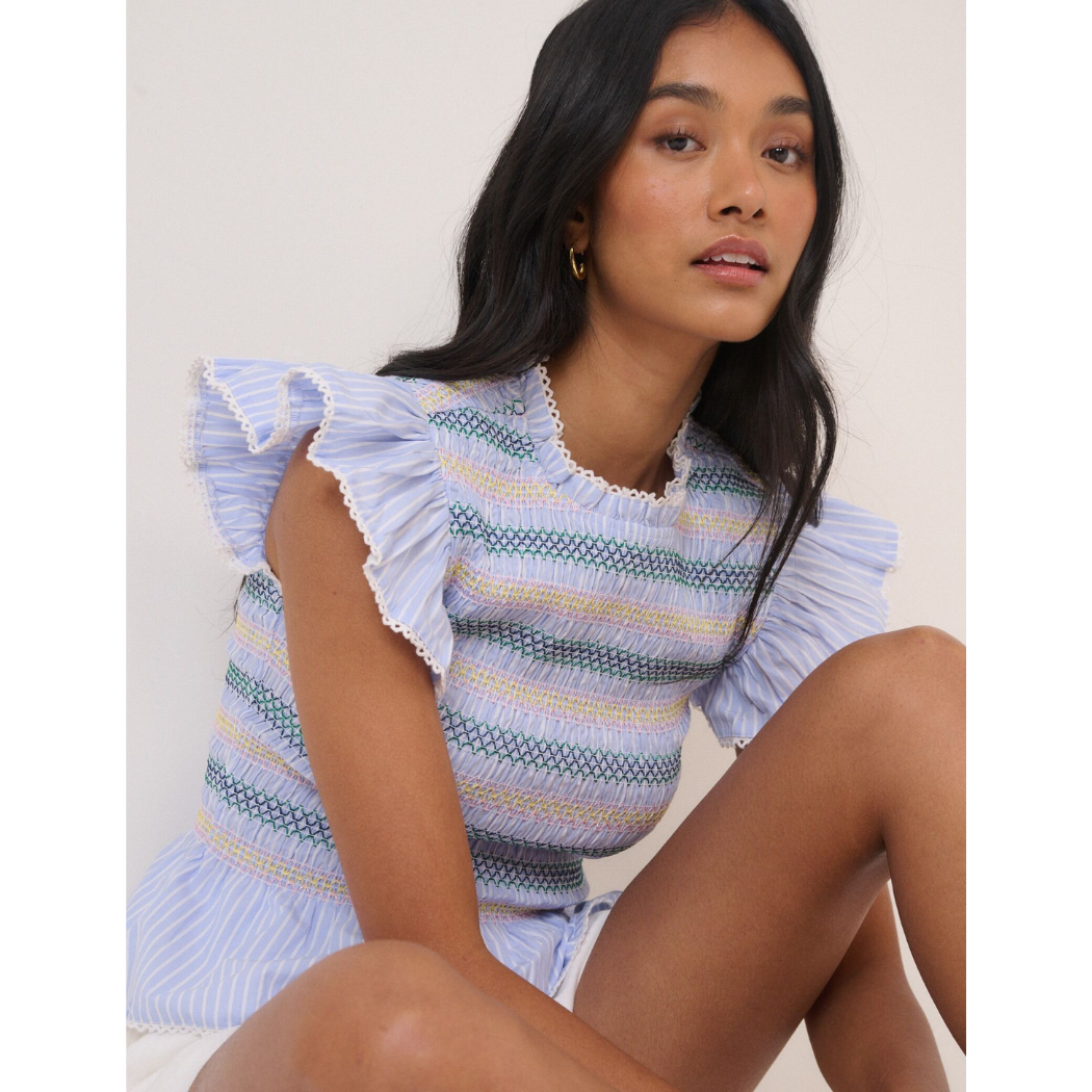 Blue Striped Shirred Top