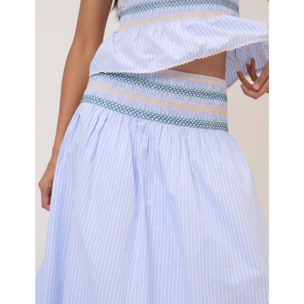 Blue Striped Shirred Waist Midi Skirt