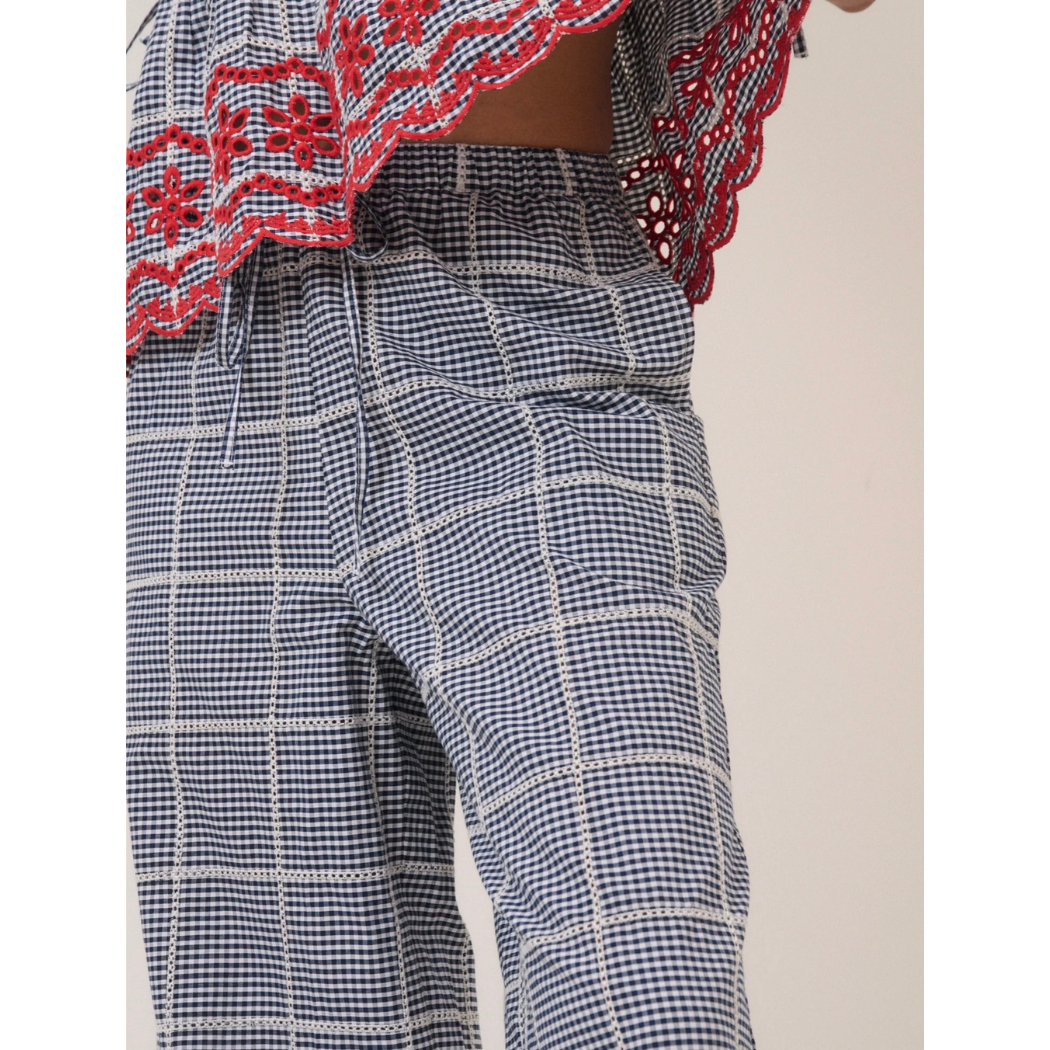 Black Gingham Embroidered Cropped Trousers