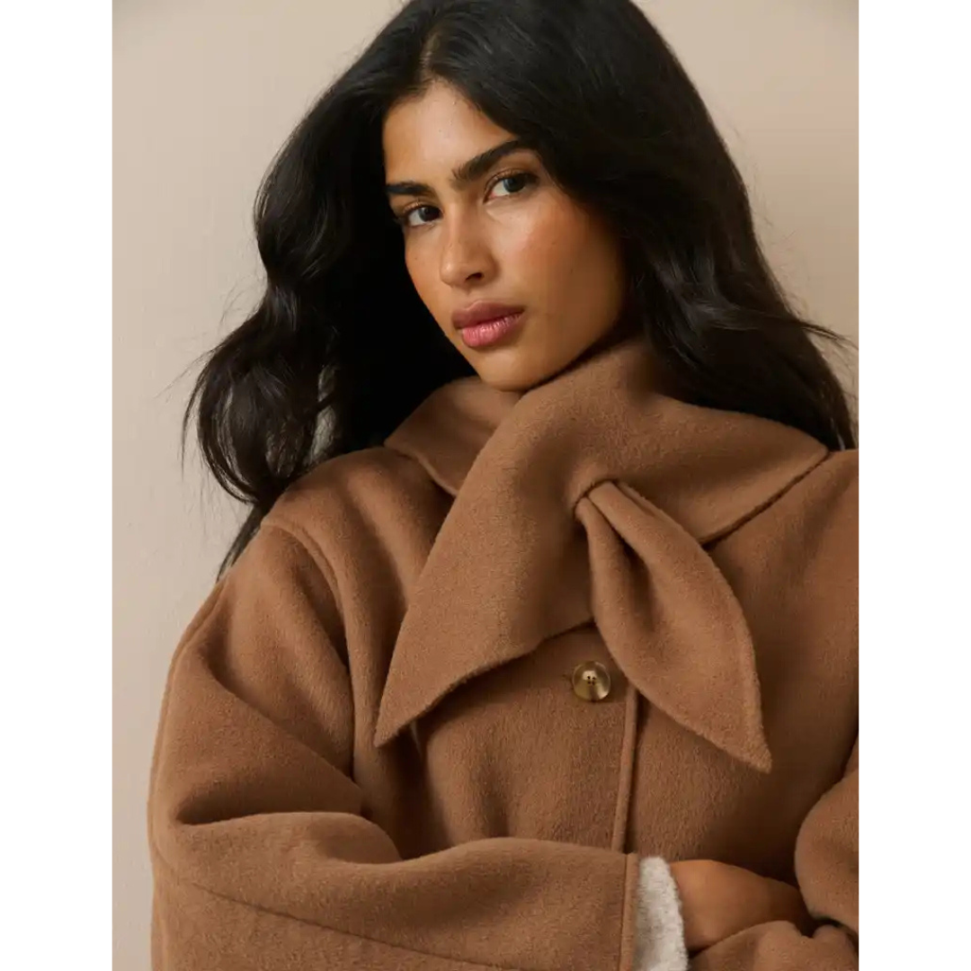 Camel Wool-Blend Neck Tie Jacket