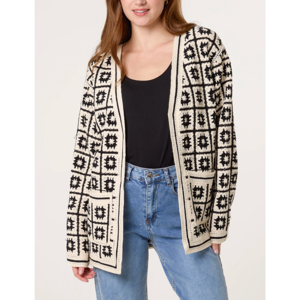 Monochrome Crochet Knit Cardigan