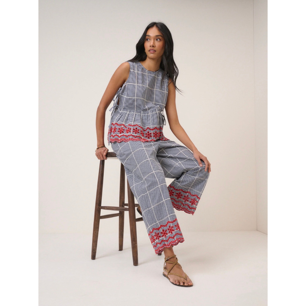 Black Gingham Embroidered Cropped Trousers