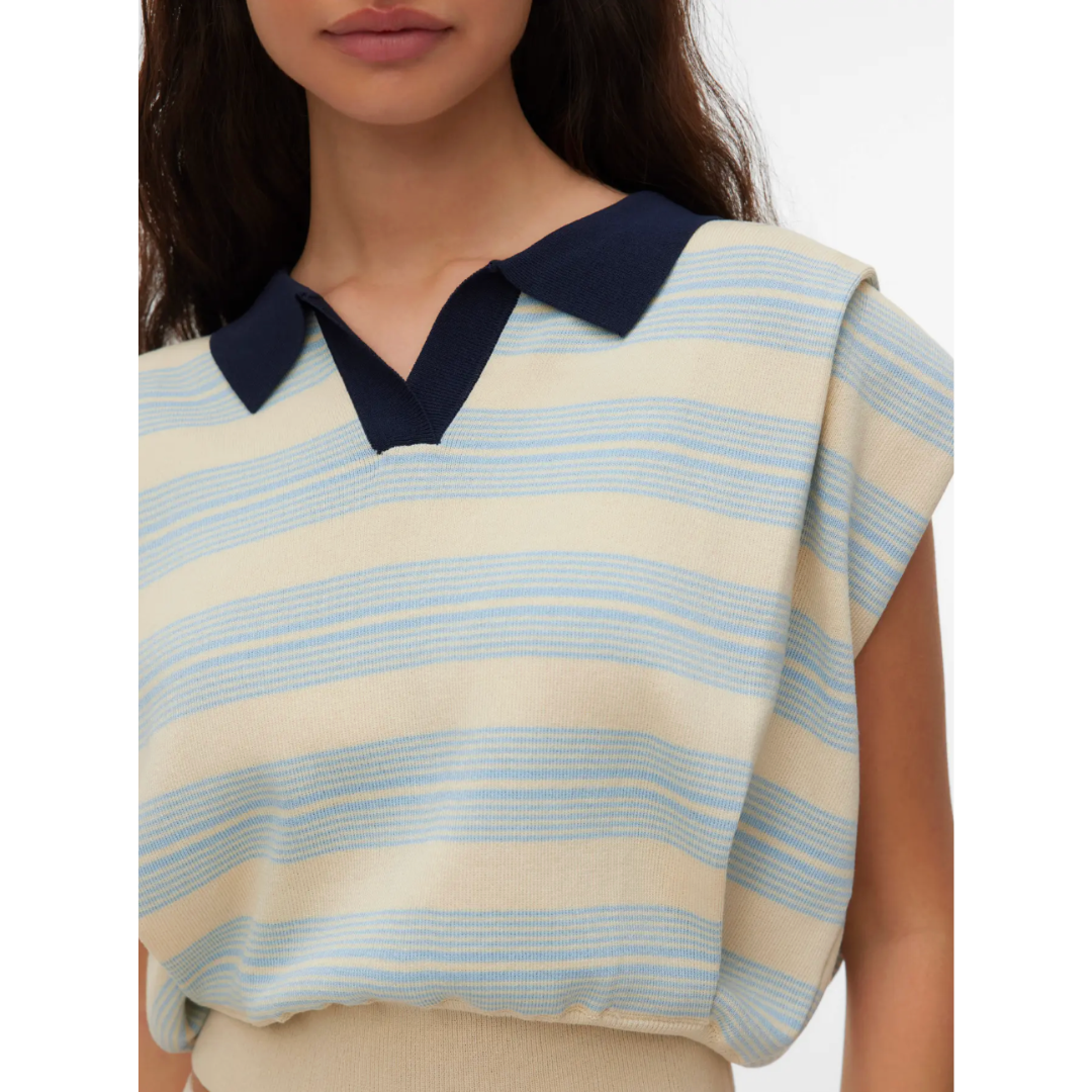 Morgan Sleeveless Polo - Cream & light blue