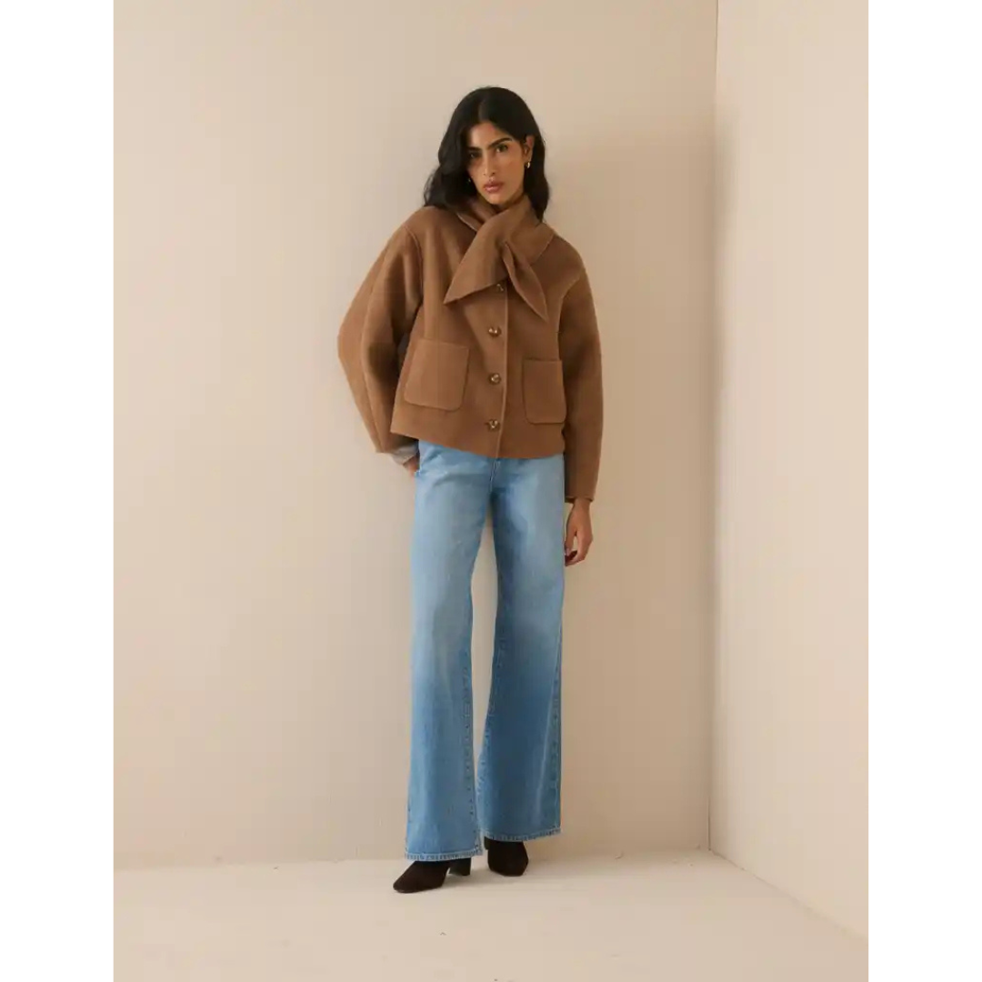 Camel Wool-Blend Neck Tie Jacket