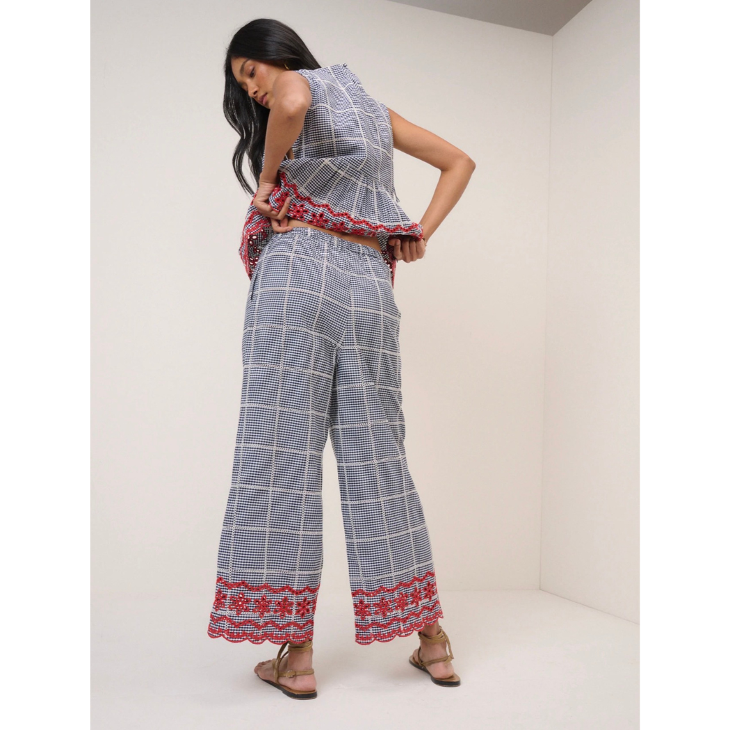 Black Gingham Embroidered Cropped Trousers