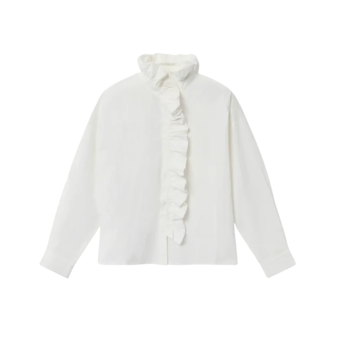 White Ruffle Front Shirt