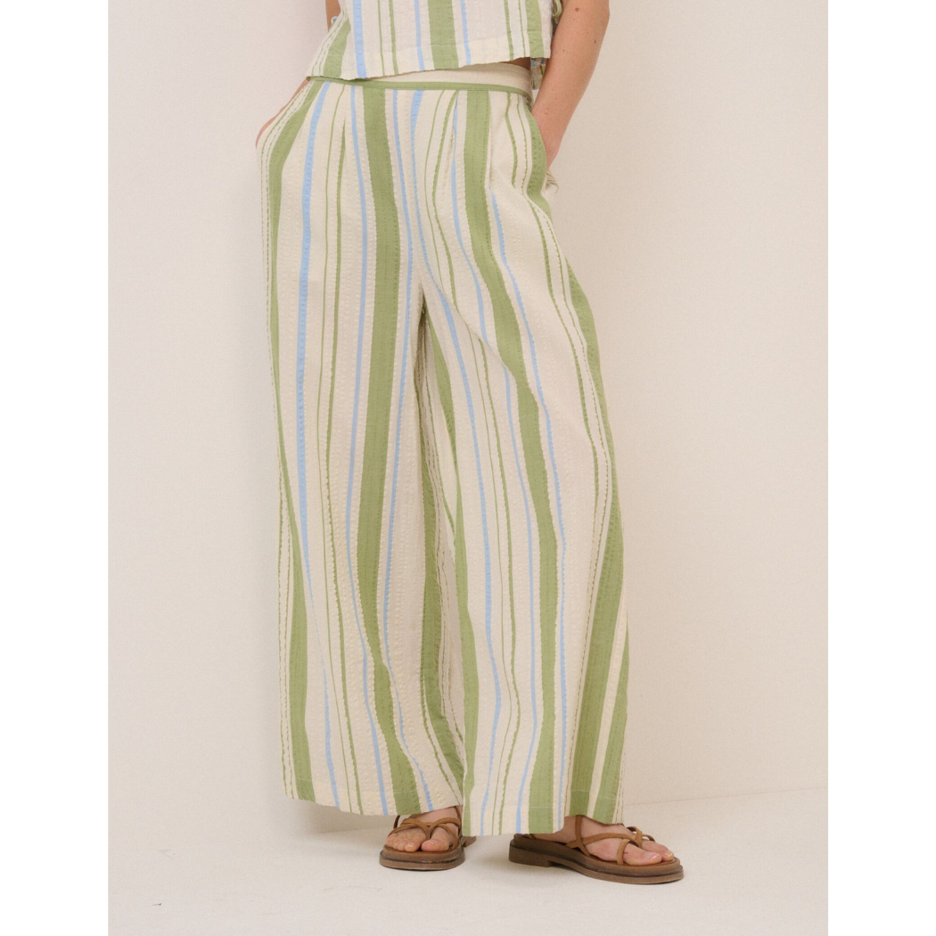 Green and Blue Striped Wide Leg Parker Trousers