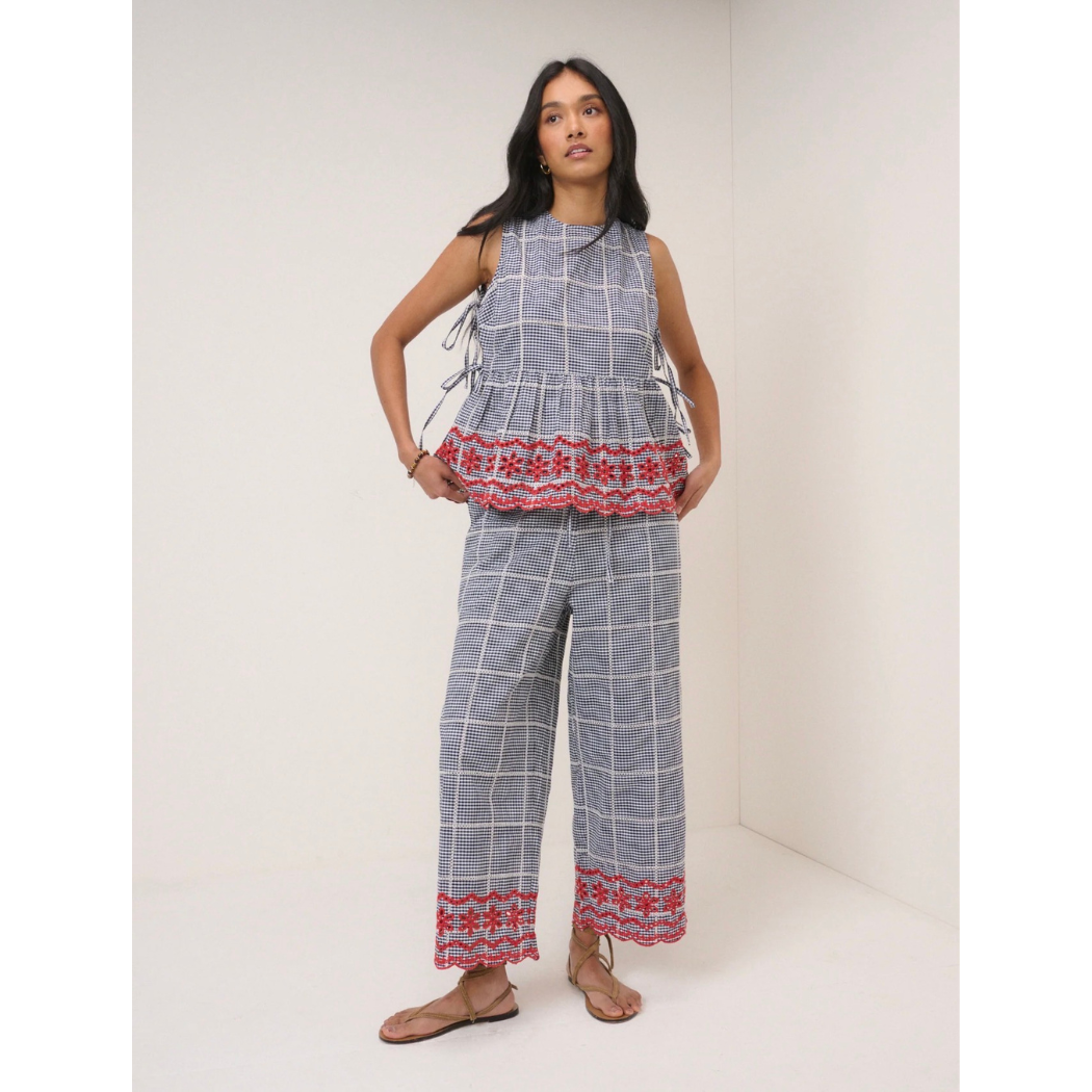 Black Gingham Embroidered Cropped Trousers