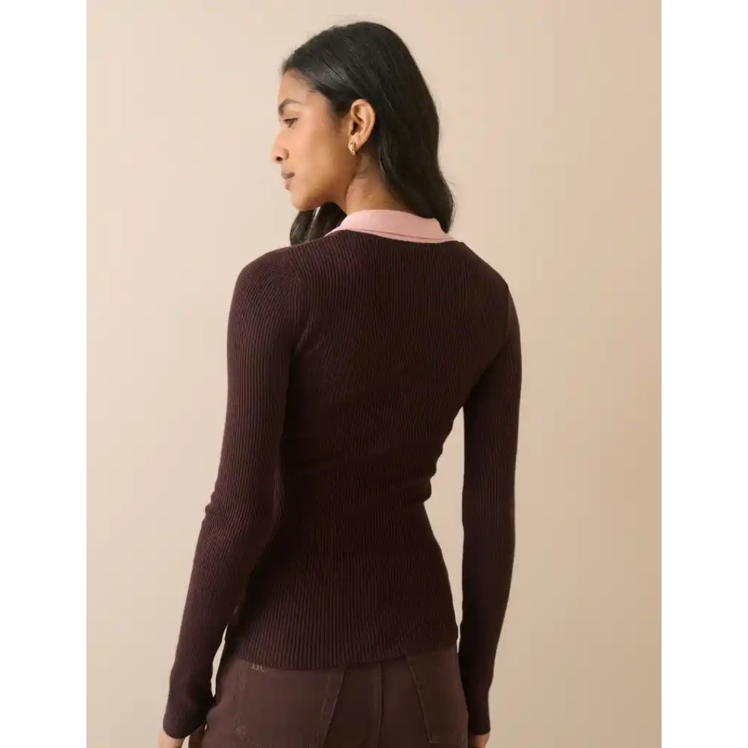 Brown Contrast Collar Rib Polo Top