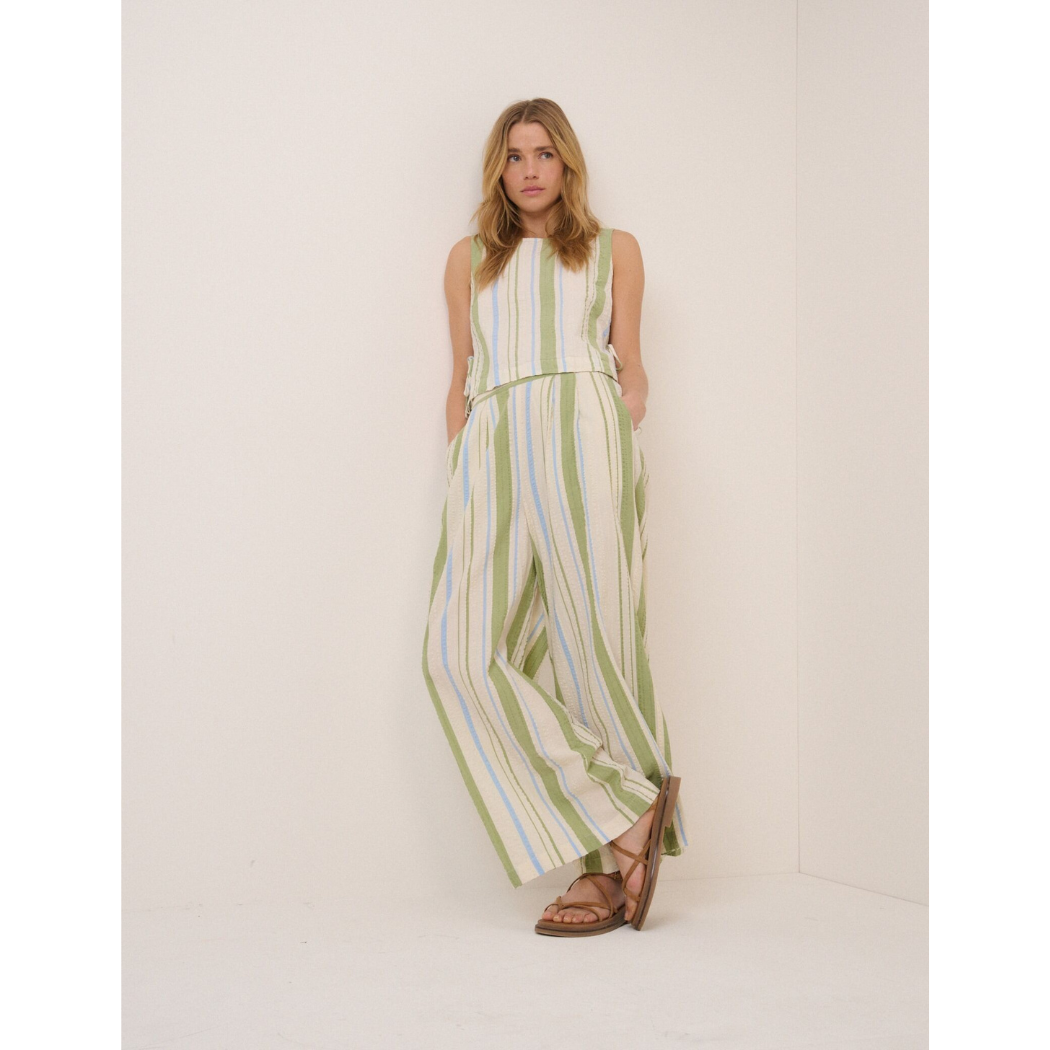 Green and Blue Striped Wide Leg Parker Trousers