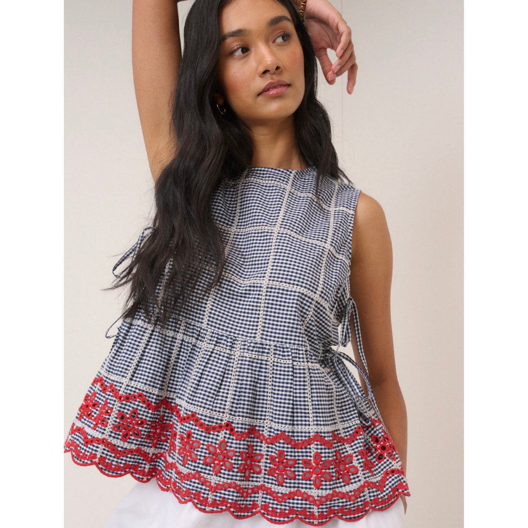 Black Gingham Embroidered Top