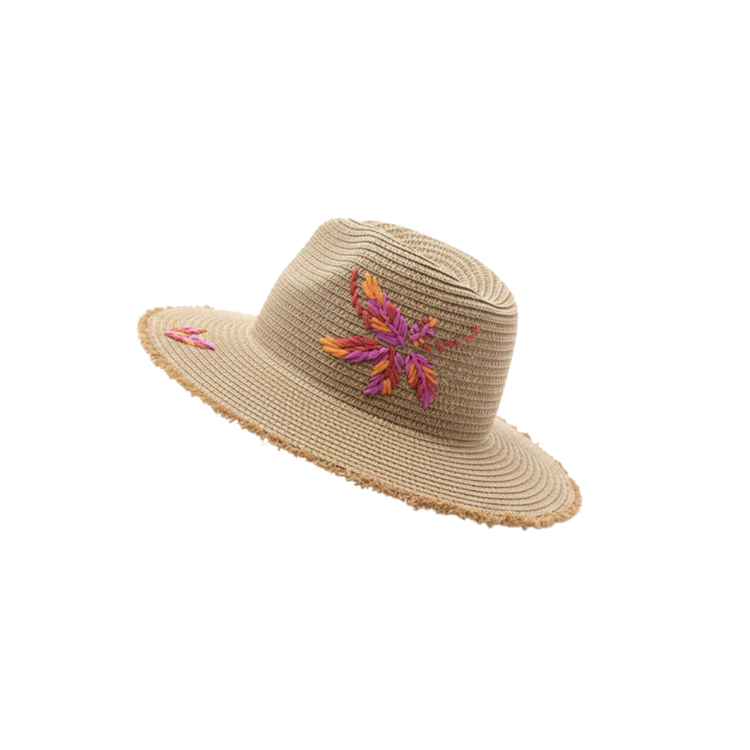 Embroidered Straw Fedora Hat