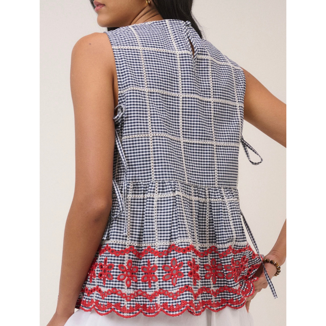 Black Gingham Embroidered Top