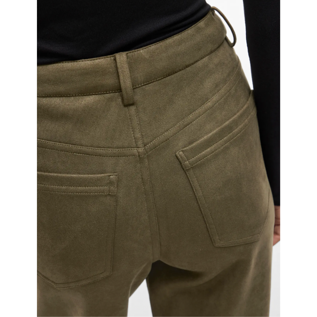 Olive Faux Suede Straight-Leg Trousers
