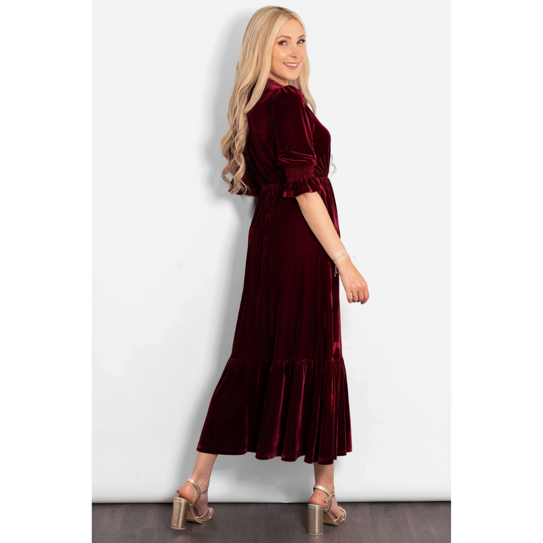 Pandora Velvet Midi Dress - Raspberry Red