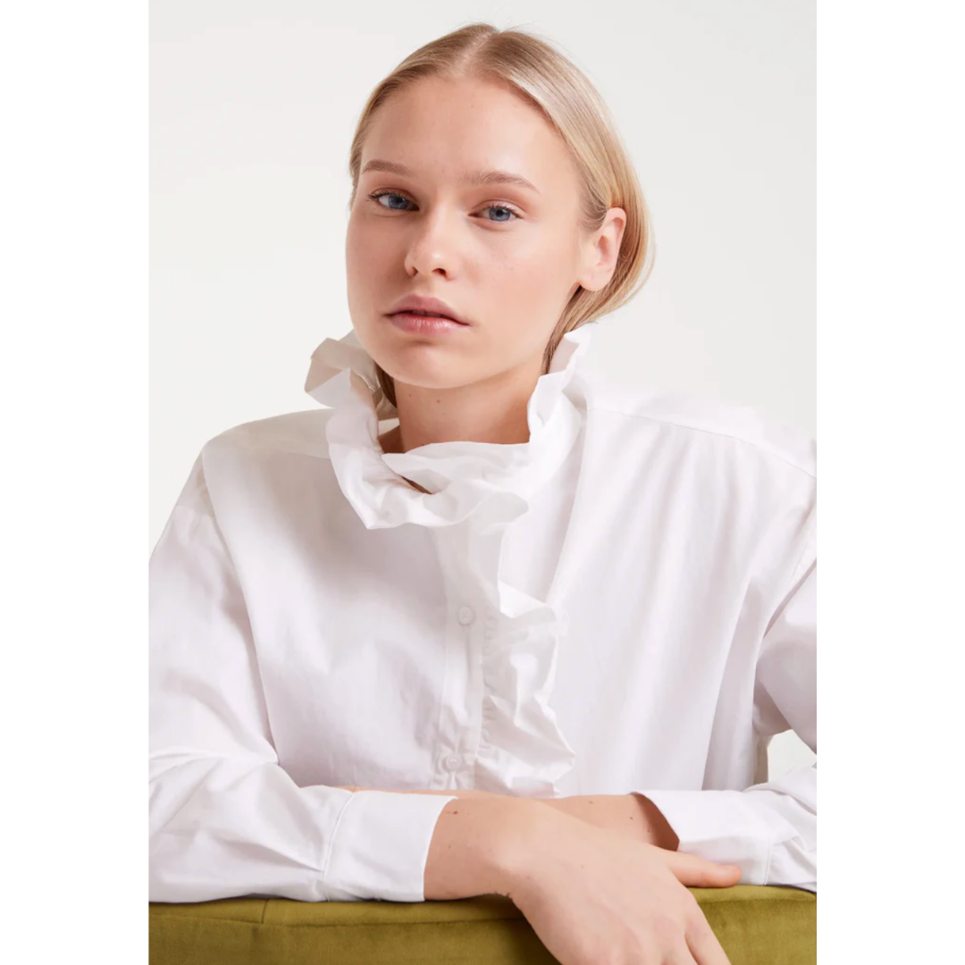 White Ruffle Front Shirt