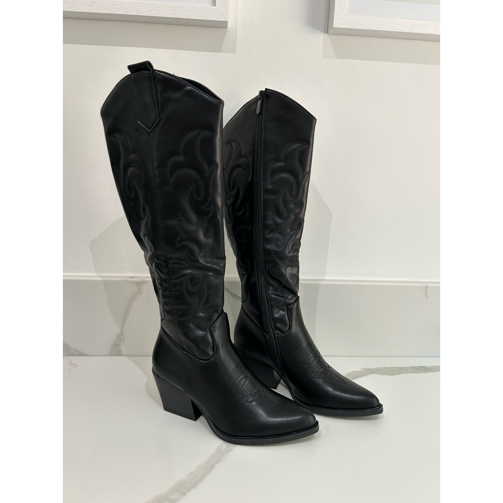 Black longline western boots
