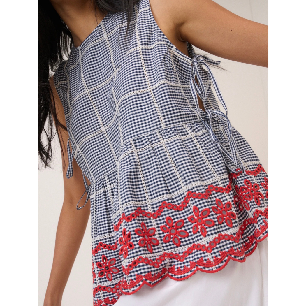 Black Gingham Embroidered Top