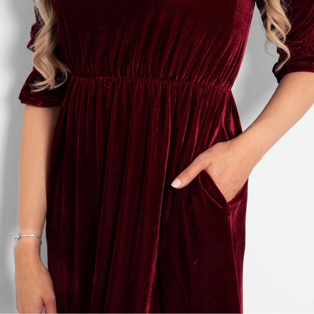 Pandora Velvet Midi Dress - Raspberry Red