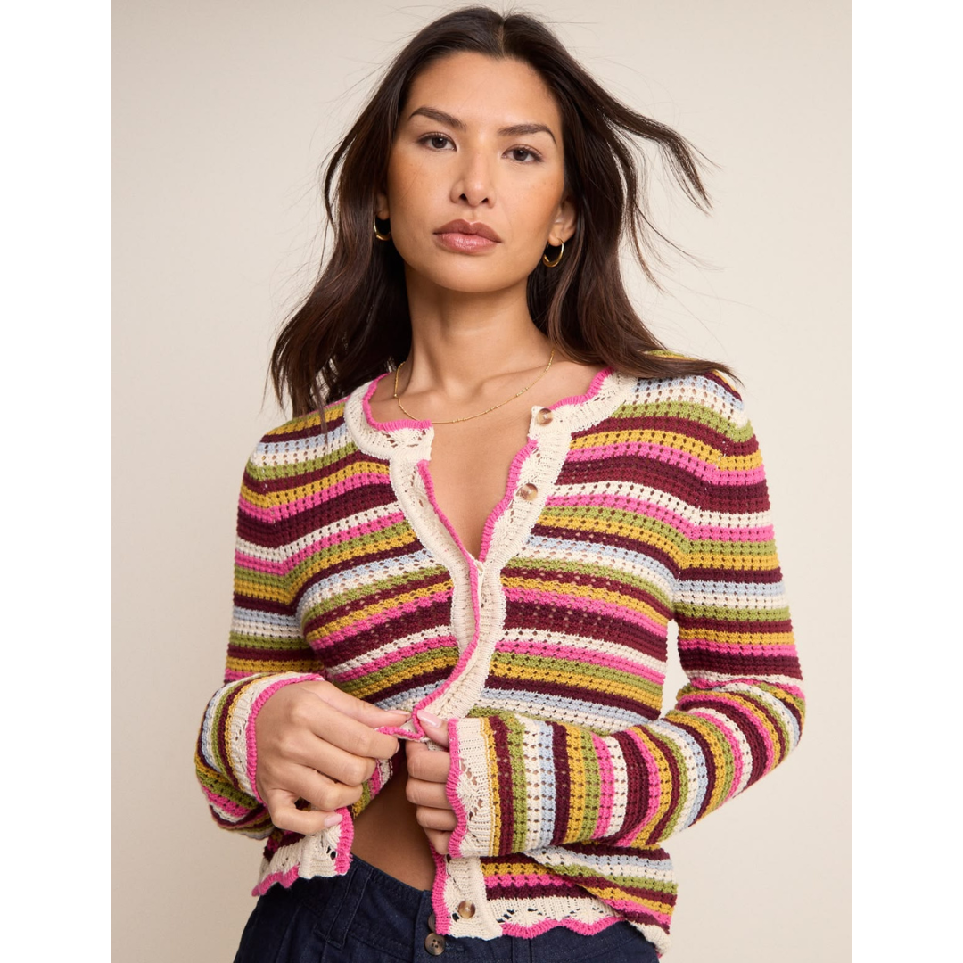 Multi-Coloured Striped Scallop Crochet Cardigan