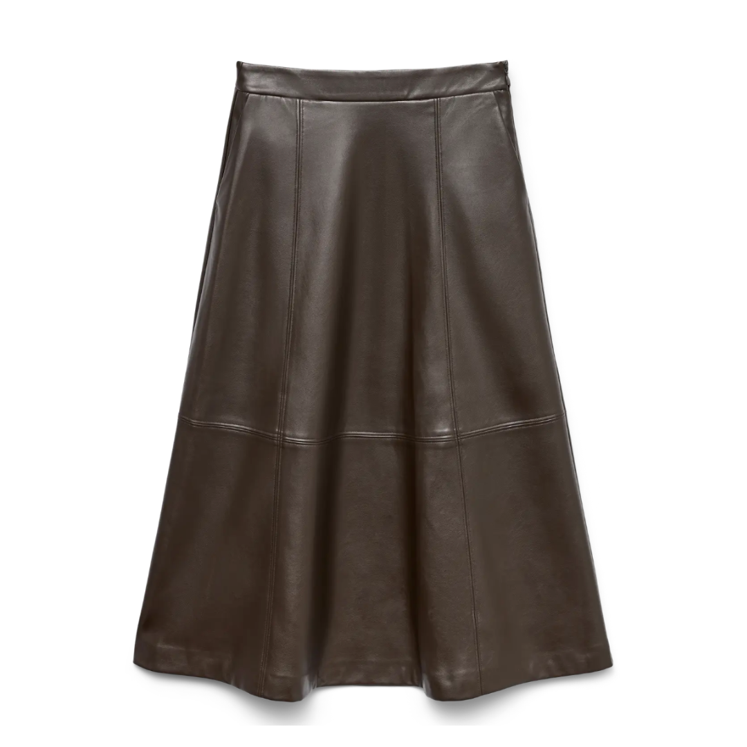 Brown Faux Leather Midi Skirt