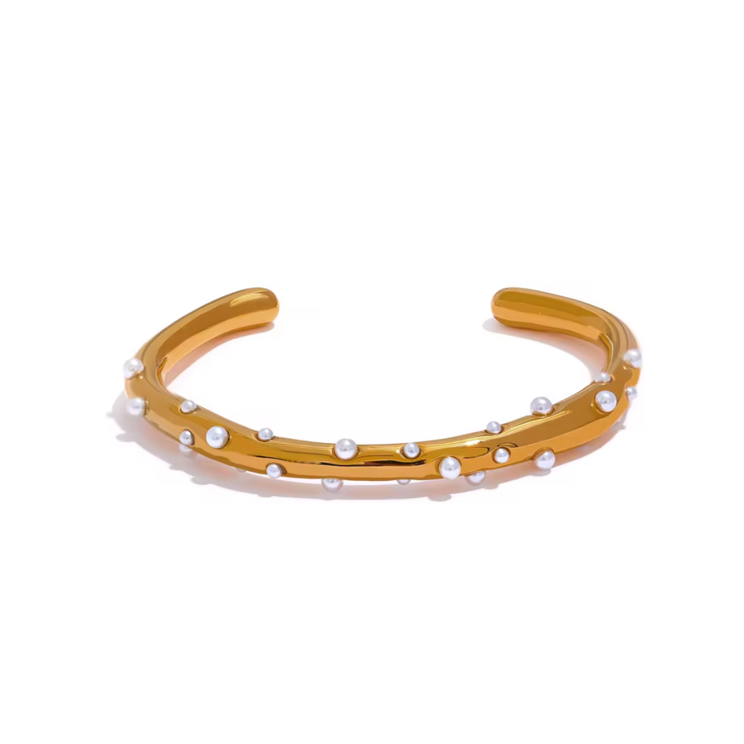 Gold Pearl-Studded Open Cuff Bangle