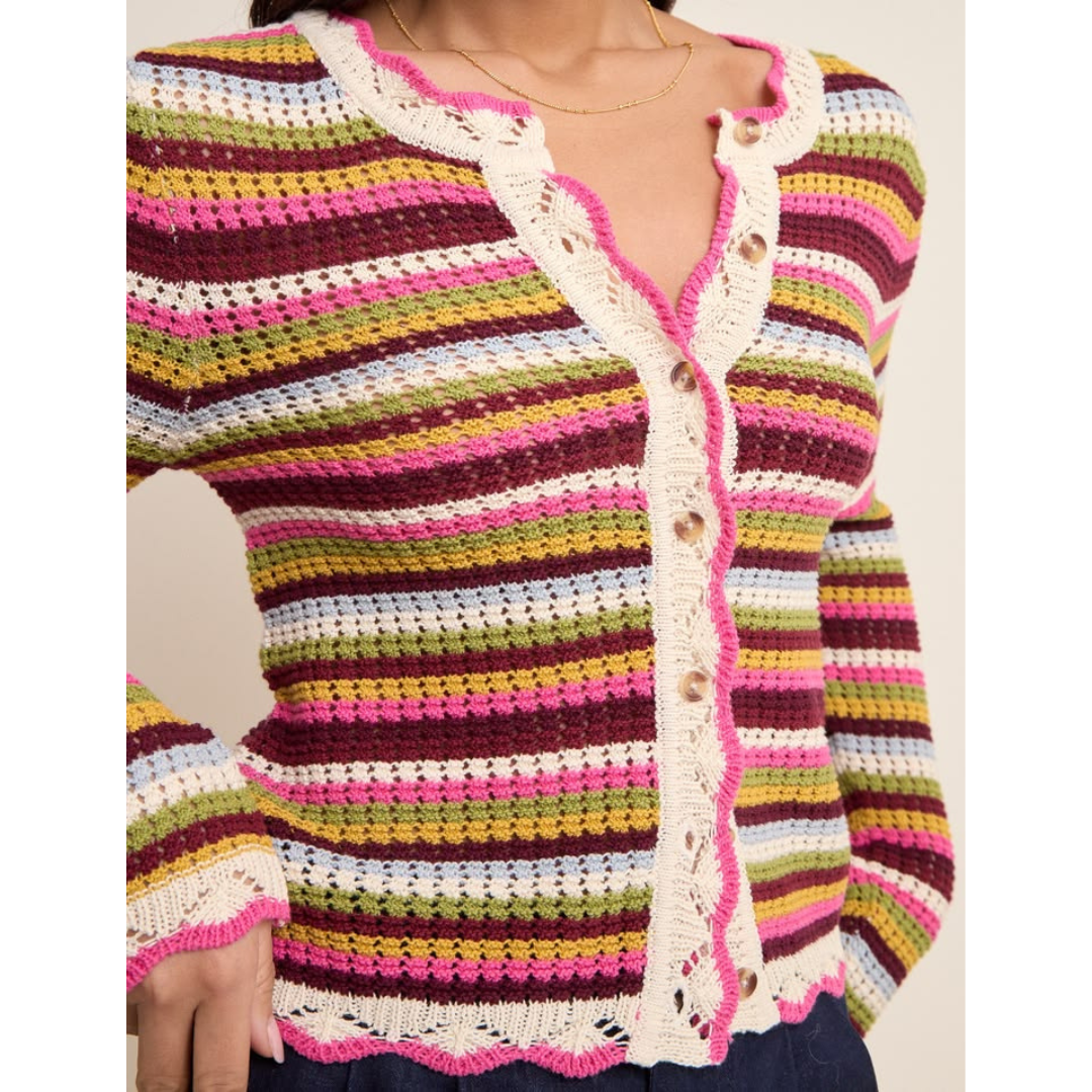 Multi-Coloured Striped Scallop Crochet Cardigan
