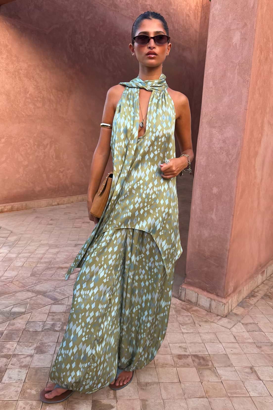 Green Diamond Print Halter Top