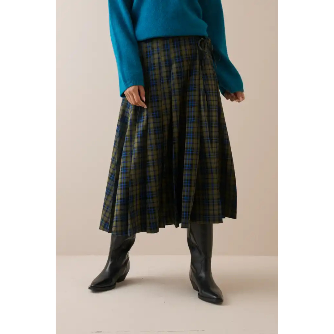 Blue and Green Tartan Pleated Midi Skirt