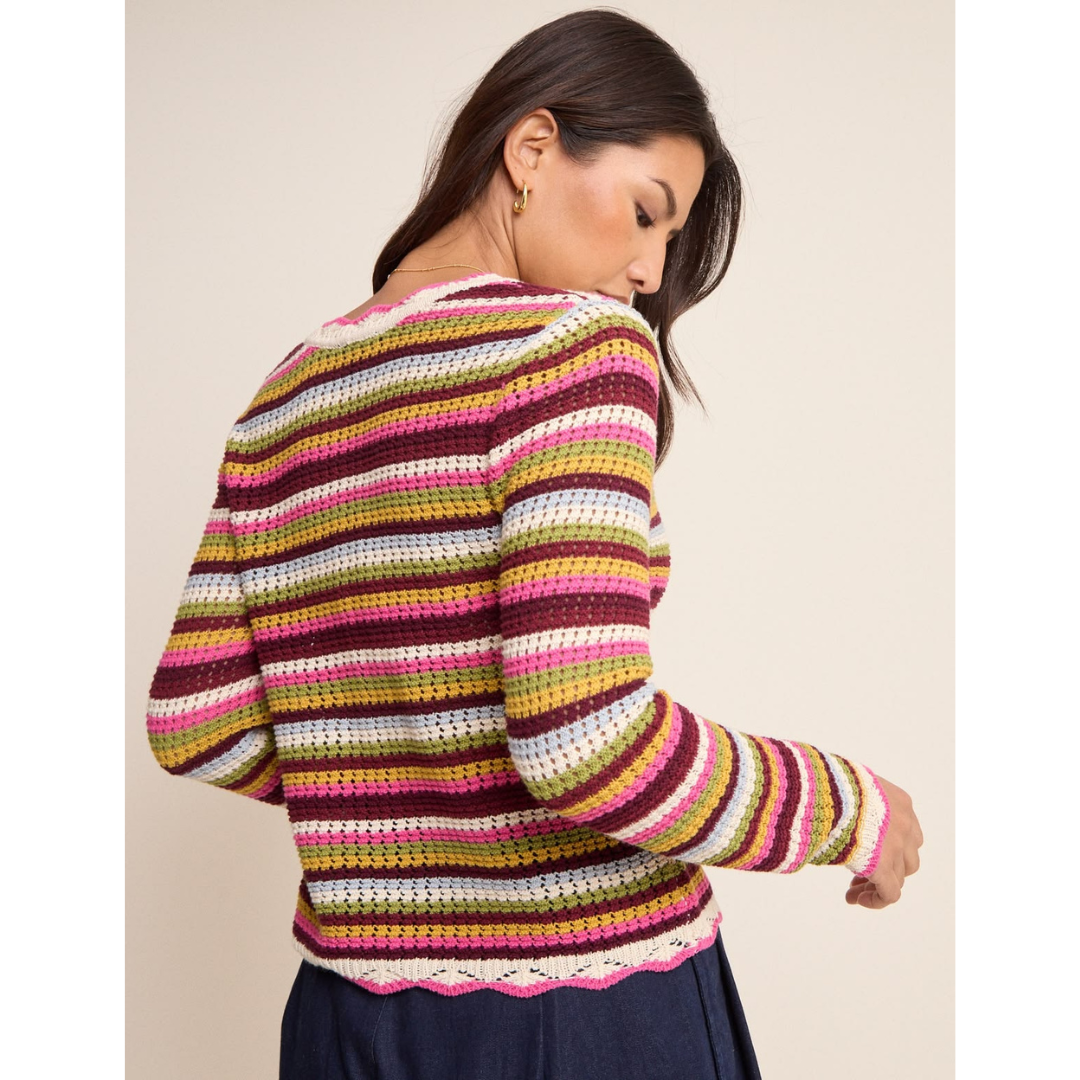 Multi-Coloured Striped Scallop Crochet Cardigan