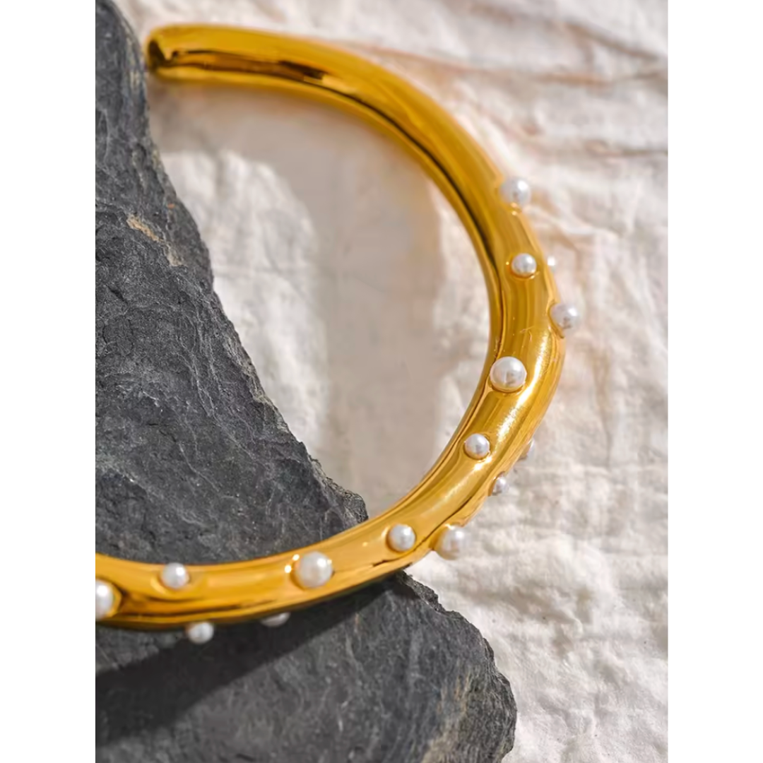 Gold Pearl-Studded Open Cuff Bangle