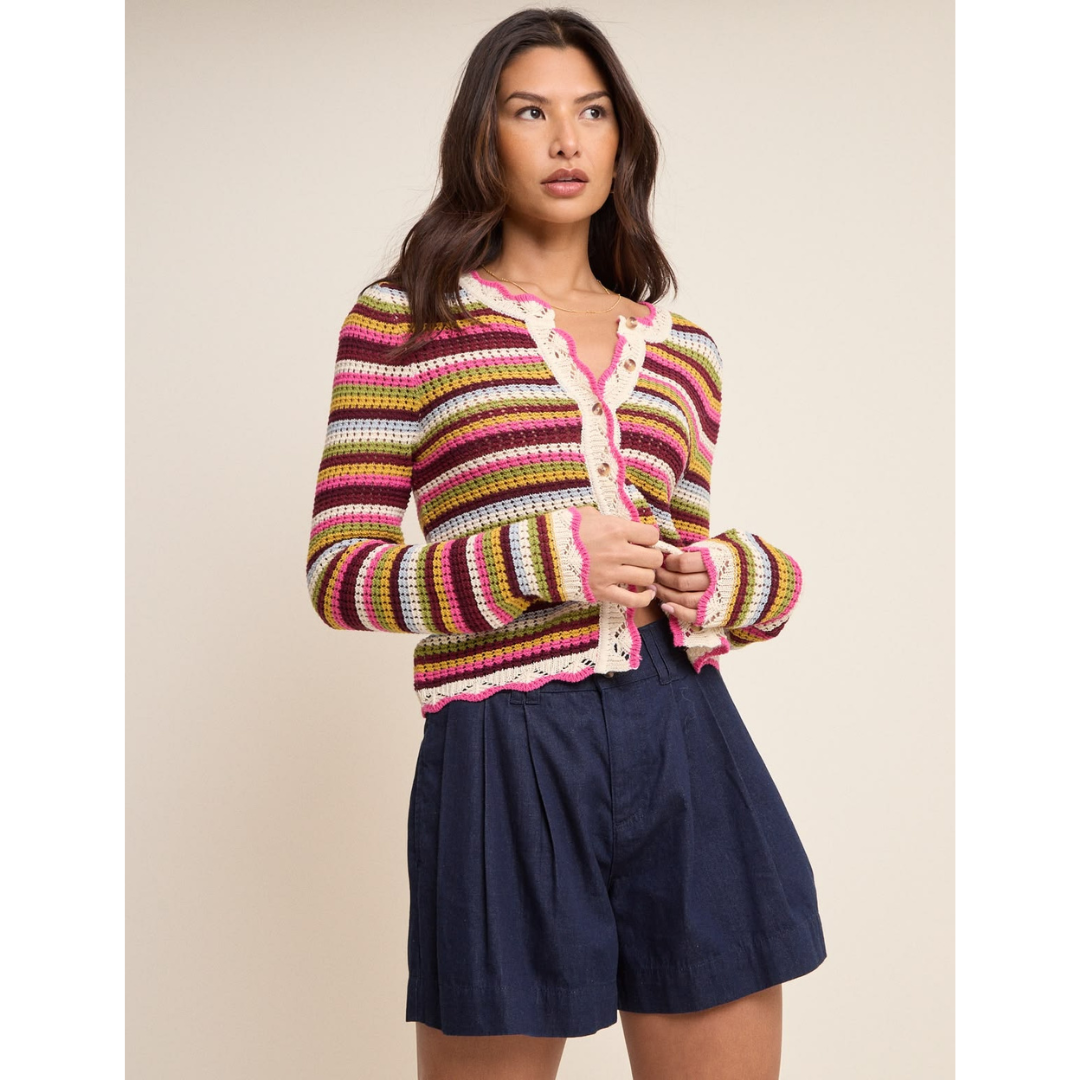Multi-Coloured Striped Scallop Crochet Cardigan