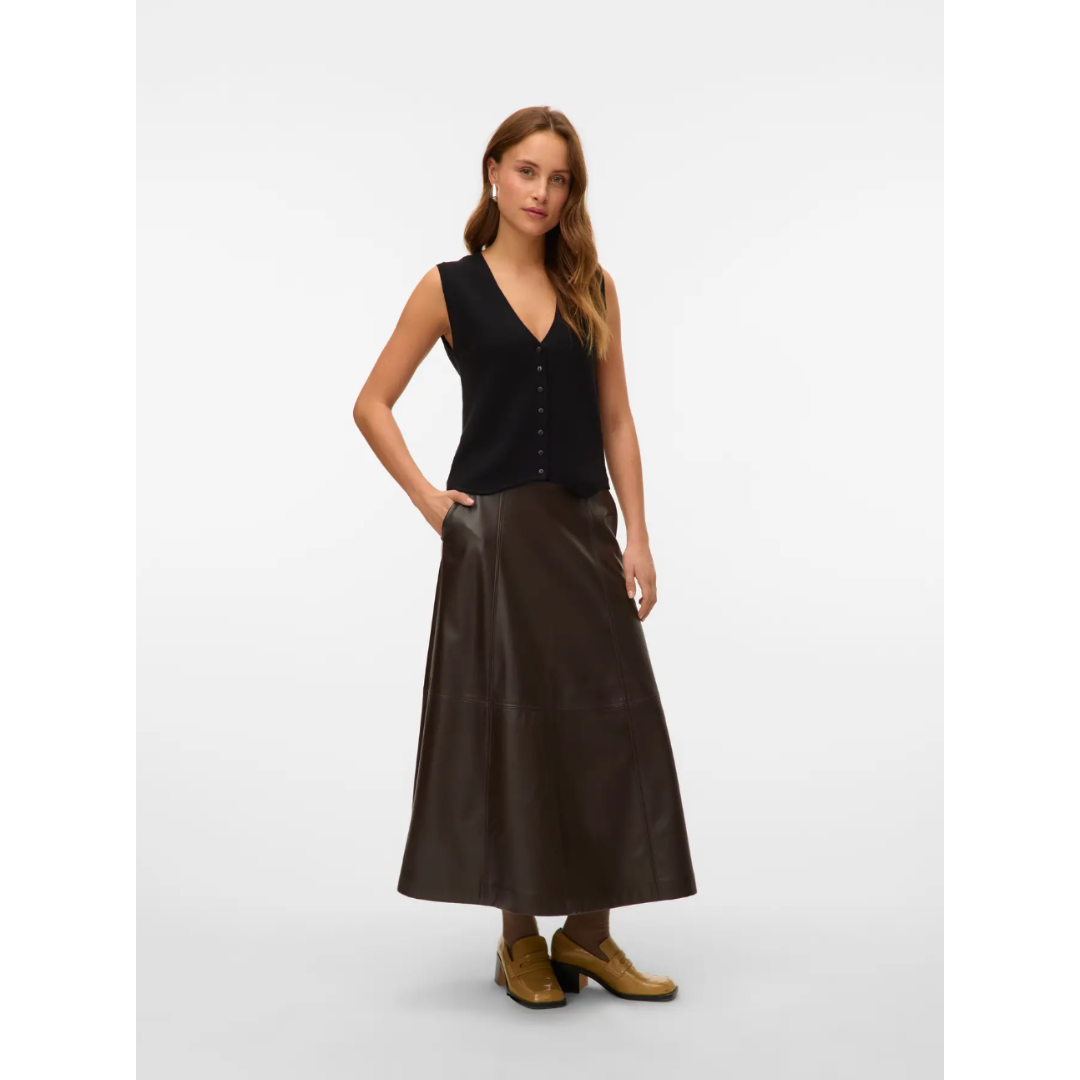 Brown Faux Leather Midi Skirt