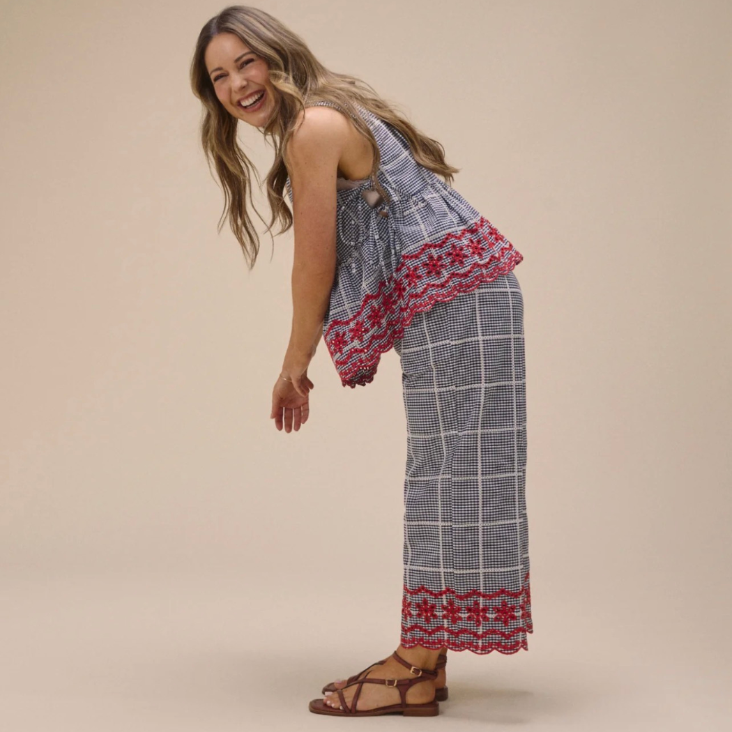 Black Gingham Embroidered Cropped Trousers