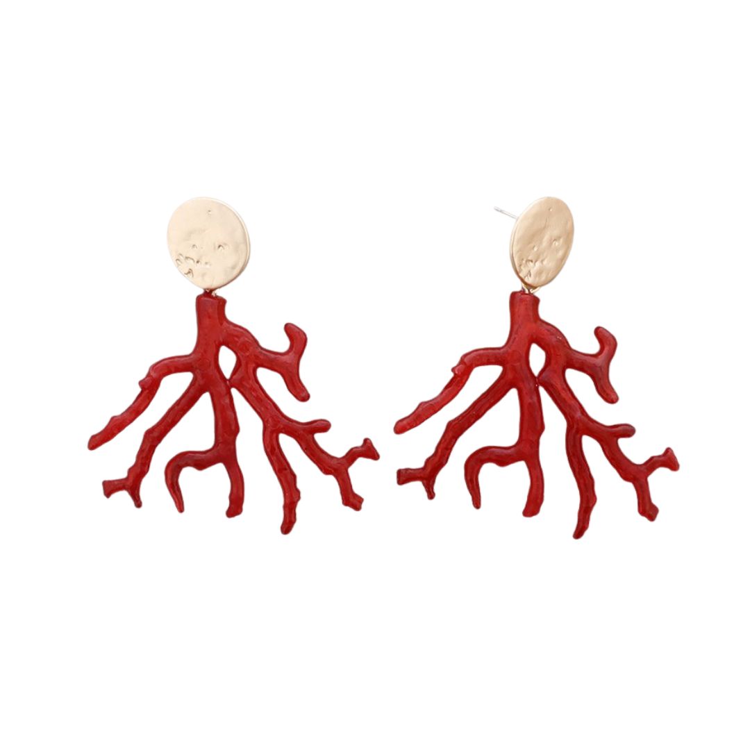 Coral resin gold disk earrings