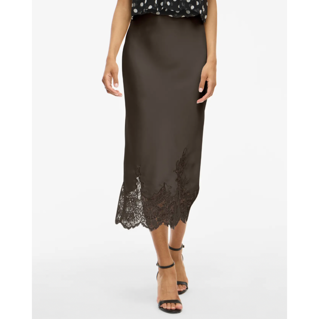 Sabel Chocolate Satin & Lace Midi Skirt